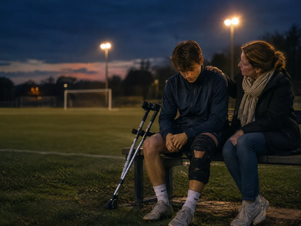 Vater sitzt am Spielfeldrand neben seinem verletzten Sohn mit Knieschiene und legt ihm die Hand auf die Schulter