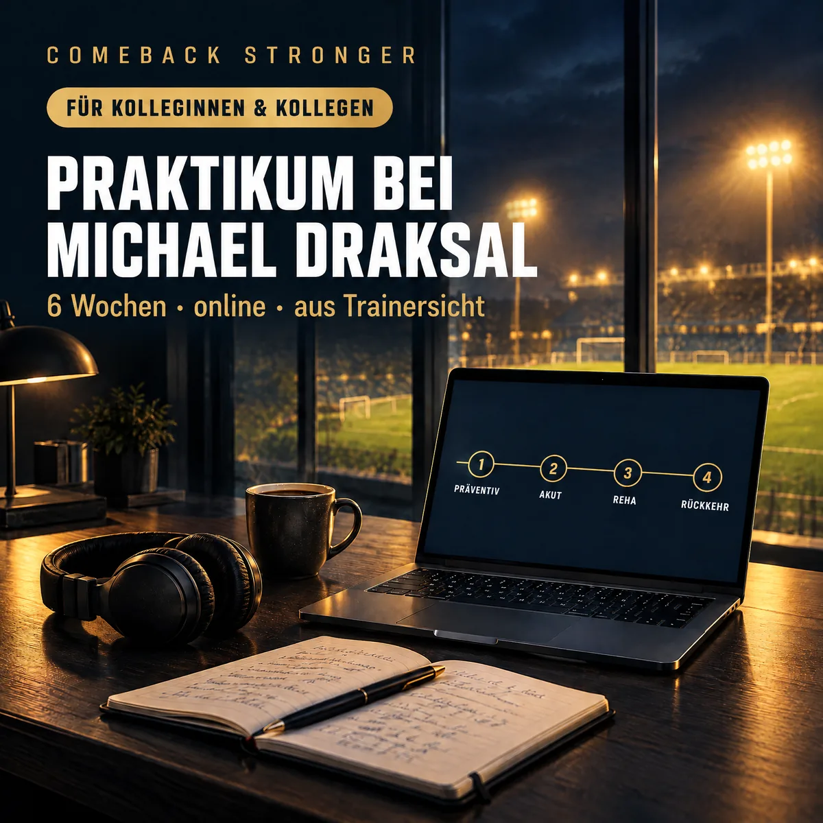 Praktikum bei Michael Draksal: Laptop mit den vier Phasen Präventiv, Akut, Reha und Rückkehr auf einem Schreibtisch vor einem Fußballstadion bei Nacht