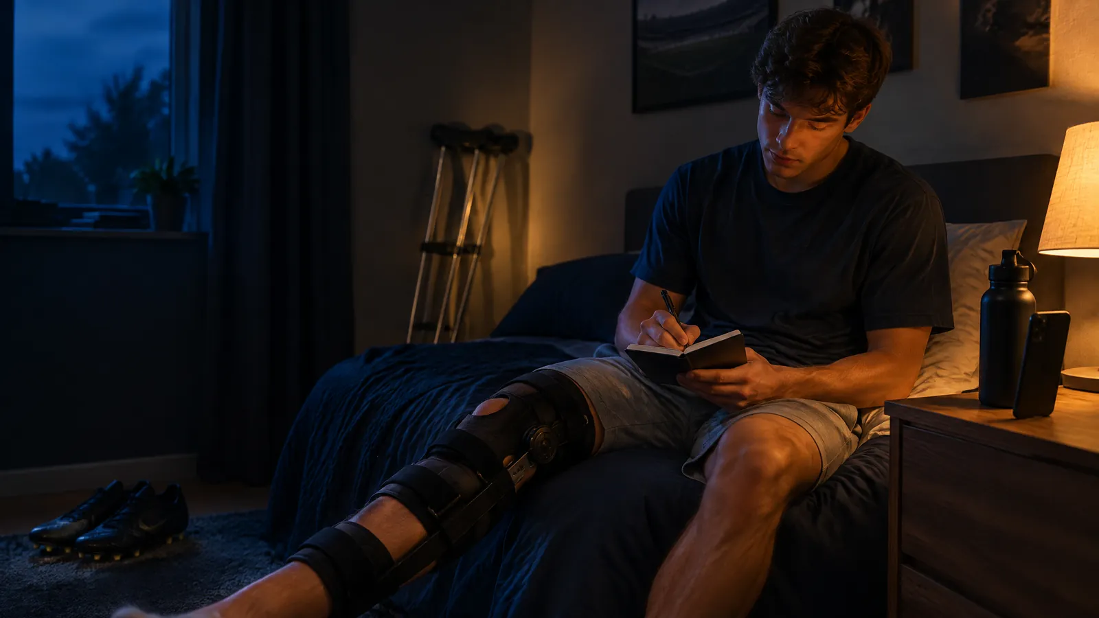 Junger Fußballer sitzt abends im Bett und schreibt in sein Notizbuch