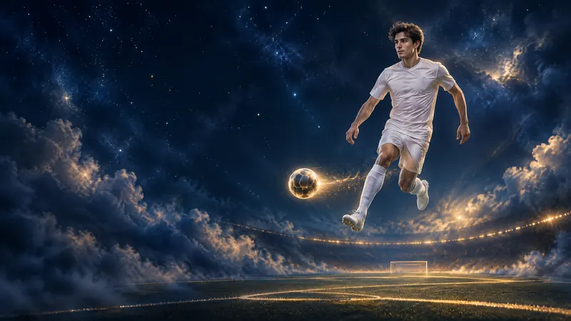 Fußballer in weißem Trikot schwebt im Sprung über einem nächtlichen Stadion unter Sternenhimmel